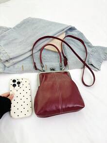限时折扣，抓紧抢购！复古仿皮斜挎包，女士款，复古吻锁迷你手提包，配有可调节肩带，纯色轻便都市手提包，涤纶内衬，情侣礼物，新年礼物 - 酒紅色 - 查看 7