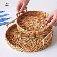 1 giỏ đựng trái cây/giỏ đựng bánh mì đan thủ công có quai xách, khay phẳng, giỏ đựng trái cây đan thủ công, giỏ đựng bánh mì kiểu Nhật, giỏ hấp, giỏ đựng đồ phòng khách, khay trưng bày - Màu gỗ - Xem 5