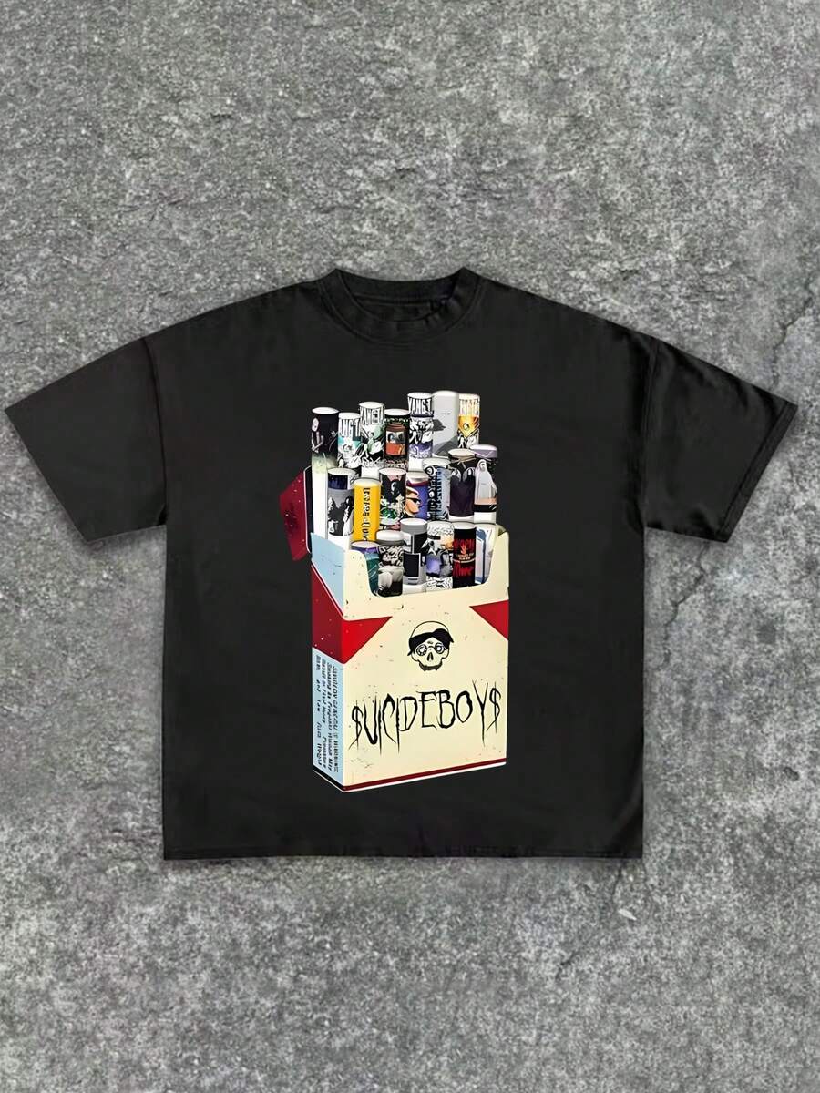 Uicideboy Cigarette Pack Graphic T Shirt, Graphic Tees, Summer Round Neck Short Men's T Shirt,Pure 220 Grams Cotton Sleeved T-Shirts, Halloween - Black - View 1