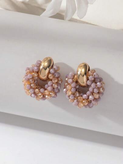 OOQ 1 par de pendientes artesanales de estilo bohemio con cristal falso y cuentas de semilla, pendientes geométricos redondos pequeños, regalo de joyería de moda para el Día de San Valentín, el Día de la Madre, la boda, los amigos y las parejas, adecuado para uso diario, vacaciones y fiestas de las mujeres (el color, la cantidad y la colocación de las cuentas de semilla hechas a mano son aleatorios)