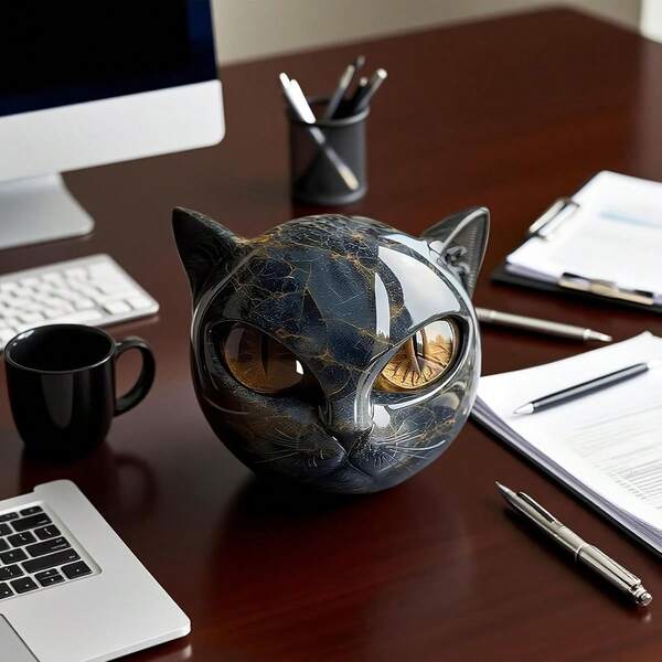 Escultura de gato preto desenhada à mão com textura de mármore dourado e marrom - Estátua elegante de decoração de mesa em resina, rosto de gato requintado e delicado com olhos expressivos, superfície brilhante adequada para decoração de casa/escritório, ornamento de mesa luxuoso (durável e fácil de limpar) - presente ideal para entusiastas de gatos, cabeça de gato de resina feita à mão com textura de mármore preto dourado brilhante, adequada para decoração de interiores multifuncional em vários tipos de cômodos