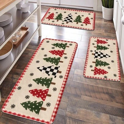 1件圣诞装饰品，家居装饰，房间装饰，浴室装饰，浴室地垫，防滑浴室地垫，厨房装饰，厨房地垫，地毯，浴室套装，入口地垫，门垫，柔软绒面，家居装饰，防疲劳地垫，圣诞树和红白几何图案地垫，柔软舒适的“圣诞快乐”图案，放松双脚，减少疲劳厨房地毯