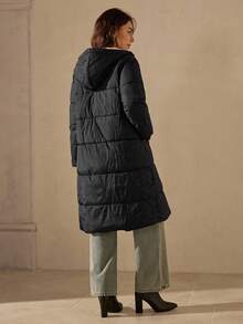 Wildy Zip Up Drawstring Hooded Padded Coat - Black - View 5