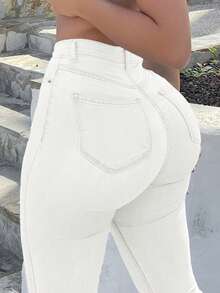 GILIPUR New Y2K Bootcut Women Jeans White High Slim Fit Waist Stretch Casual Elegant Vintage Simple Streetwear 2000s Style Fall And Winter Clothes Outfits Old Money Vintage Clothes Going Out,And Suitable For Halloween And Christmas Outfits Outfits - trắng - Xem 5