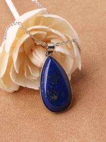 1 chiếc vòng cổ hình giọt nước bằng hợp kim mạ bạc cổ điển bằng đá aquamarine tổng hợp - Đá lapis lazuli giọt nước dài tổng hợp - Xem 2