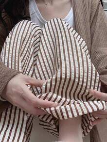 Wide Leg Striped Elastic Palazzo Pants With Pockets - Óxido marrón - Ver 4