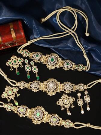 1 套摩洛哥风格女士长袍、腰带、耳环、胸针首饰套装，宫廷风格，镂空雕花，镶嵌水钻，女士婚礼、派对、节日珠宝配饰套装