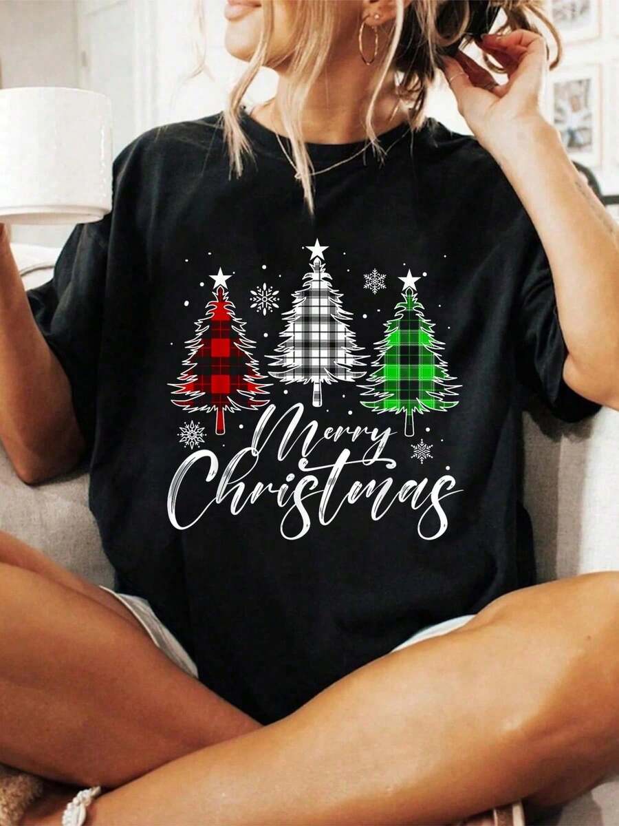 100% Cotton Merry Christmas Tree Buffalo Plaid Red White Green T-Shirt, Casual Crew Neck Short Sleeve Comfort Tee Top For Spring & Summer Women's Clothing - 黑色 - 查看 1