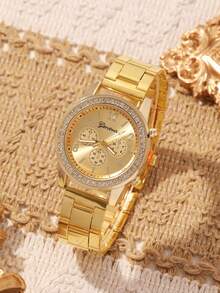 6 PIEZAS Reloj de cuarzo elegante y sencillo para mujer con esfera redonda con números arábigos, incrustaciones de rhinestone, correa de aleación, con anillos, pulseras, collares y aretes de botón, es el mejor regalo para niñas, adecuado para cumpleaños, festivales y regalos de pareja, caja de regalo no incluida