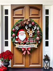 1 pezzo Ghirlanda natalizia HEGO in poliestere con Babbo Natale e renne, fiocco rosso per appendere alla porta, decorazione festiva per interni/esterni, senza alimentazione elettrica, ideale per l'ingresso, adatta per porte standard - Multicolore - Visualizzare 6