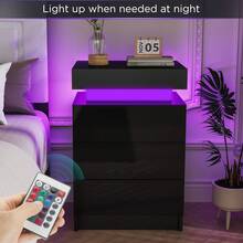 OYAJIA Hochglanz Nachttisch mit LED Beleuchtung Moderner Nachtschrank Nachtkommode mit 3 Schubladen & Flip Cover für Wohnzimmer Schlafzimmer Schwarz Beistelltisch 45x35x67cm - Schwarz - Übersicht 6