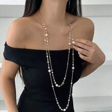 A Stylish Double-Layer Long Necklace Set With Imitation Pearls Suitable For Daily And Party Occasions, Accessories For All Seasons. - Women's Gift - Daily Wear Wedding Party Date Party - Suitable For Best Friends, Christmas Gifts - Valentine's Day Gifts - 銀色 - 查看 3