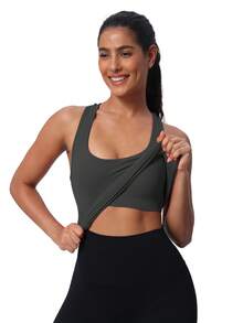 Seamless Workout Tank Top For Women With Built In Bra, Padded Racerback Athletic Yoga Camisole - Kolgrå - Visa 2