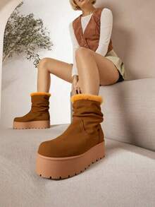Botas de mujer con forro cálido y detalles en felpa, punta redonda, sin cordones, plataforma gruesa, estilo casual retro para invierno y nieve - Camel - Ver 1