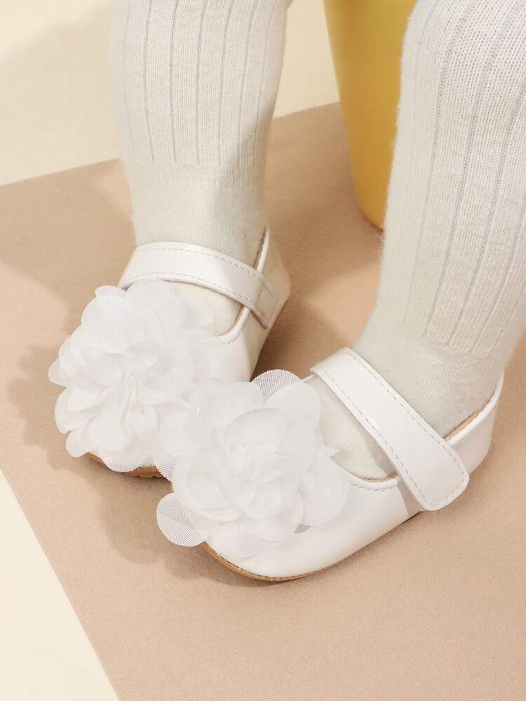 1 Pair Toddler Girls Solid Floral PU Hook And Loop Design Flat Non-Slip Princess Shoes, 0-1 Years Old, Suitable For Spring And Autumn - White - View 5