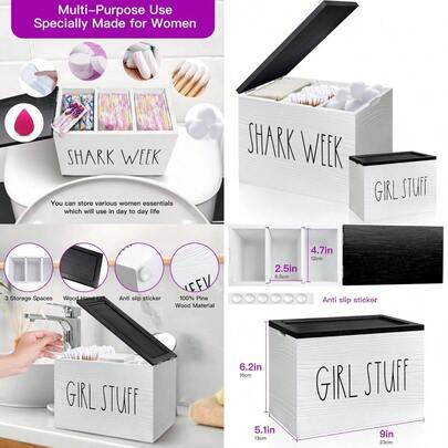 YP Tampon Holder For Bathroom Pad And Tampon Organizer With Tray Lid Wood Feminine Product Organizer  Week Tampon Storage Bathroom Accories Small Storage Box White Fashion