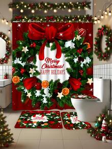 1/3/4 Stücke Weihnachts Duschvorhang Set, Weihnachts Schleife und Geschenk Muster bedruckter Badezimmer Fenster Duschvorhang Set, Badezimmer Set beinhaltet rutschfeste Badematte, U-förmige Toilettenvorleger, Toilettendeckel Abdeckung und Duschvorhang Zubehör, geeignet für Badezimmer Dekoration, Heimdekoration und Duschdekor, Feiertags Geschenk, Feiertags Dekoration, Weihnachtsdekoration