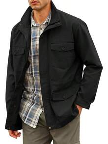 Mens Military Jacket Full Zip And Button  Field Jacket Multi Pocket Cargo Outdoor Coathalloween - 黑色 - 查看 1