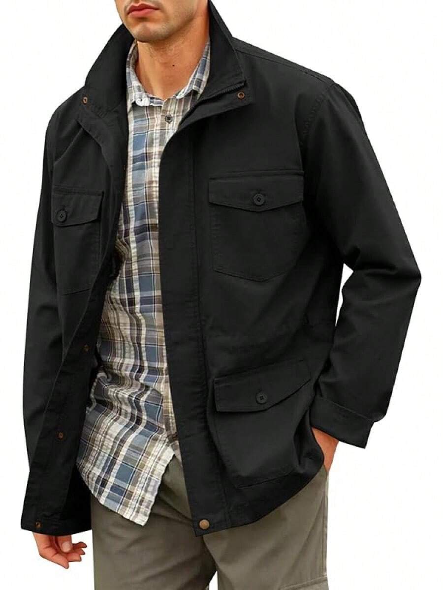 Mens Military Jacket Full Zip And Button Field Jacket Multi Pocket Cargo Outdoor Coathalloween - 黑色 - 查看 1