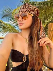 1pc Women's 90x90CM Leopard Print Patterned Satin Square Scarf/Bandana, Fashion Accessory For Spring/Summer For Dress - 03-coffee - View 3