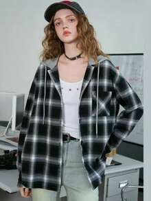 Vintage Hooded Loose Casual Slouchy Plaid Shacket, Versatile For Women, Spring/Autumn