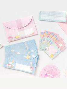 Sanrio 1 szt. Oficjalny, licencjonowany zestaw kopert i papeterii Sanrio Hello Kitty Kuromi Melody Cinnamoroll z wodoodporną naklejką i kartką z gratulacjami – 6 pastelowych papierów listowych i 3 koperty, prezent na urodziny, ukończenie szkoły, Dzień Przyjaźni, wydarzenia szkolne – urocza kolekcja papeterii kawaii, prezent na ukończenie szkoły, kreskówkowy wzór, trwały materiał, wysokiej jakości nadruk, dla miłośników anime