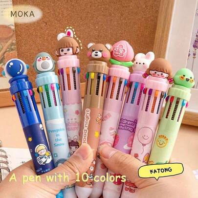 Single Piece Cute Cartoon - Themed 10 - Color Ballpoint Pen Set - Featuring Adorable Penguin, Bear, And Girl - Shaped Pen Caps! Suitable For School, Office, And Note - Taking. With Smooth Writing And Multiple Ink Colors In One Pen. It's A Perfect Gift For Kids And Stationery Enthusiasts!