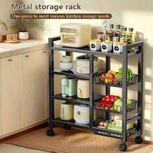 Adjustable 4-Tier Metal Storage Rack With 3 Baskets, Vertical Organizer Shelf For Kitchen, Bathroom, Garage
