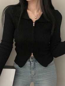 2025 Autumn/Winter Stylish Reversible Zipper Women Long Sleeve Knit Cardigan