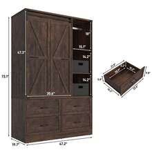 Farmhouse 3/4 Doors Armoire Wardrobe Closet W/Folding Sliding Barn Door And Lights, LED Armoire Closet W/Drawers For Bedroom, Freestanding Wooden Wardrobe Storage Closets W/Hanging Rod - 棕色 - 查看 9