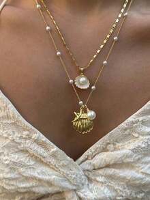 2pcs/Set Beachy Metal Starfish, Pearl & Shell Necklace Jewelry Set, Resort Style - Gold - View 6
