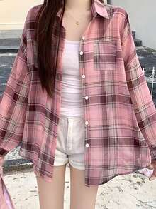 女士夏季时尚格子纽扣衬衫