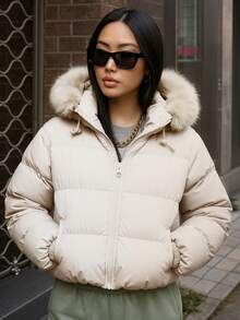 Palton scurt, călduros, cu glugă, din blană artificială, pentru femei, toamnă/iarnă 2025-2026, impermeabil, cu fermoar, croială dreaptă, stil casual urban elegant