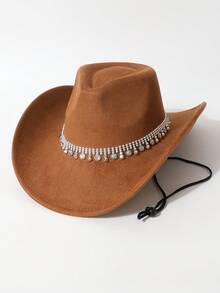1pc Women's High Quality Windproof Rhinestone Hatband Decor Wide Brim Hat, Western Cowgirl Style, Fashionable Minimalist Fedora, Suitable For Daily Wear, Parties, Western Themed Events, Gatherings, Cosplay, Graduation Ceremonies, Masquerade Balls, Holidays, Birthday Celebrations, Concerts - Top Hat - View 4