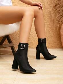 Women's New Black Ankle Boots, Autumn/Winter Fashion Pointed Toe Chunky Heel Rhinestone Square Buckle Commuter Fashion Boots - Black - View 4