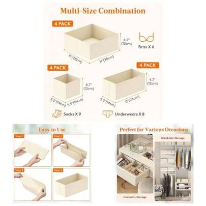 12 Pack Drawer Organizer, Dresser Underwear Drawer Organizer Bins, Foldable Fabric Closet Organizers, Storage Drawer Dividers, Dorm Room Essentials Cl