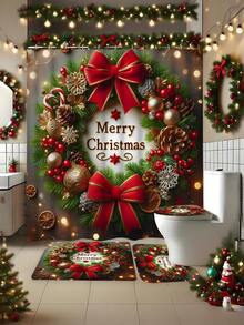 1/3/4 Stücke Weihnachts Duschvorhang Set, Weihnachts Schleife und Geschenk Muster bedruckter Badezimmer Fenster Duschvorhang Set, Badezimmer Set beinhaltet rutschfeste Badematte, U-förmige Toilettenvorleger, Toilettendeckel Abdeckung und Duschvorhang Zubehör, geeignet für Badezimmer Dekoration, Heimdekoration und Duschdekor, Feiertags Geschenk, Feiertags Dekoration, Weihnachtsdekoration