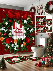 1/3/4 Stücke Weihnachts Duschvorhang Set, Weihnachts Schleife und Geschenk Muster bedruckter Badezimmer Fenster Duschvorhang Set, Badezimmer Set beinhaltet rutschfeste Badematte, U-förmige Toilettenvorleger, Toilettendeckel Abdeckung und Duschvorhang Zubehör, geeignet für Badezimmer Dekoration, Heimdekoration und Duschdekor, Feiertags Geschenk, Feiertags Dekoration, Weihnachtsdekoration