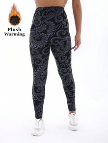 1 Pack Women's Thermal Lined Floral Print Leggings, Black Base, Stretchy Skinny Pants, Elegant & Casual, Suitable For Home, Workout, Yoga, Fitness, Outdoor Activities, Soft & Comfortable, Autumn/Winter