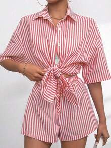 Solapa de verano Casual a rayas de manga corta Pantalones de dos piezas de las mujeres traje de moda opa Dos piezas para Mujer - Rojo - Ver 5