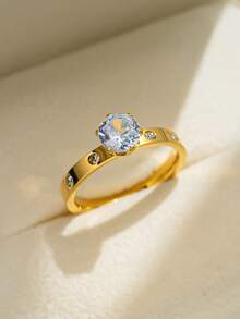 1pc 18K Gold Plated Shiny Square Diamond Ring, Stainless Steel Waterproof & Fade-Resistant, Suitable For Daily Wear, Parties, Mother's Day Gift