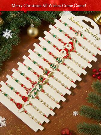 1/6/12pcs 3D Christmas Bracelet Set, Handmade Woven Bracelet Jewelry Set, Christmas Gifts With Santa Claus, Christmas Tree, Wreath, Candy Cane, Gloves, Bells, Snowflakes, Bows And Other Christmas Elements, Women Layered Bracelets, Bracelet Pendants, Adjustable Beaded Bracelets, Y2K Bracelets