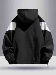 Men's Contrast Color Zipper Front Drawstring Hooded Casual Jacket , Fall