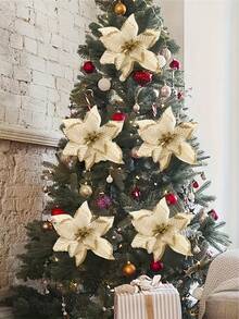 12Pcs Glitter Poinsettia Christmas Tree Ornament - Artificial Flowers Versatile Red, Silvery & Golden Fake Flowers Decorations For Wedding Christmas Xmas Tree Wreaths Decor, Holiday Parties & Home Decor Christmas Decorations Room Decor