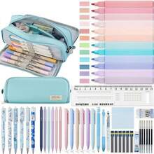50 件莫兰迪文具套装，返校，大容量铅笔盒，6 支黑色凝胶笔，6 支莫兰迪 0.5 毫米自动铅笔，12 支彩色粉笔，便利贴，橡皮擦，尺子，可爱办公学校用品礼物，适合女性和男性，学校用品