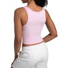 Camiseta de mujer de costilla con acolchado, top de entrenamiento de cuello cuadrado, top corto ajustado, camiseta básica de tirantes - Flor rosa - Ver 4