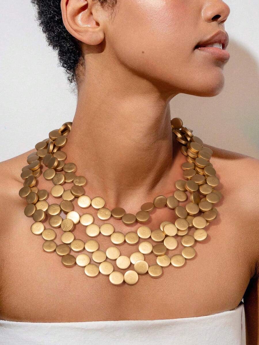 1件波西米亚风木质不规则圆形手工串珠多层项链，粗链长款项链，适合女性日常佩戴、旅行派对、假日配饰（木质材料上的轻微划痕属于正常现象） - 金色 - 查看 1