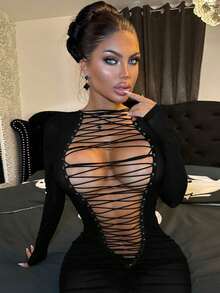 Sexy Reversible Wrap Bodycon Mini Dress - Double Sided Lace Up Front & Back Short Dress - Negro - Ver 8