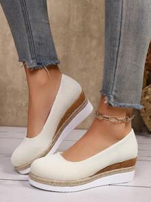 1 Pair Beige Round Toe Non-Slip Lightweight Comfortable Casual Pearl Linen Slip-On Loafers, Suitable For Commuting, Casual, Outdoor Activities, All Seasons