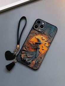 غطاء هاتف مقاوم للصدمات مطبوع عليه مكنسة ساحرة هالوين مع سير جلدي بشكل قلب، قابل للتعليق كتميمة DIY متوافق مع هواتف آيفون 17برو/17إير/17/17برو ماكس16/11/16برو/16بلس/16برو ماكس/16إي/15برو ماكس/13/14/12/XS/XR/7G/8P، وهواتف سامسونج S25/S25بلس/S25 ألترا/A16/A36/A26/A56/A50/A12/A32/A52/A72